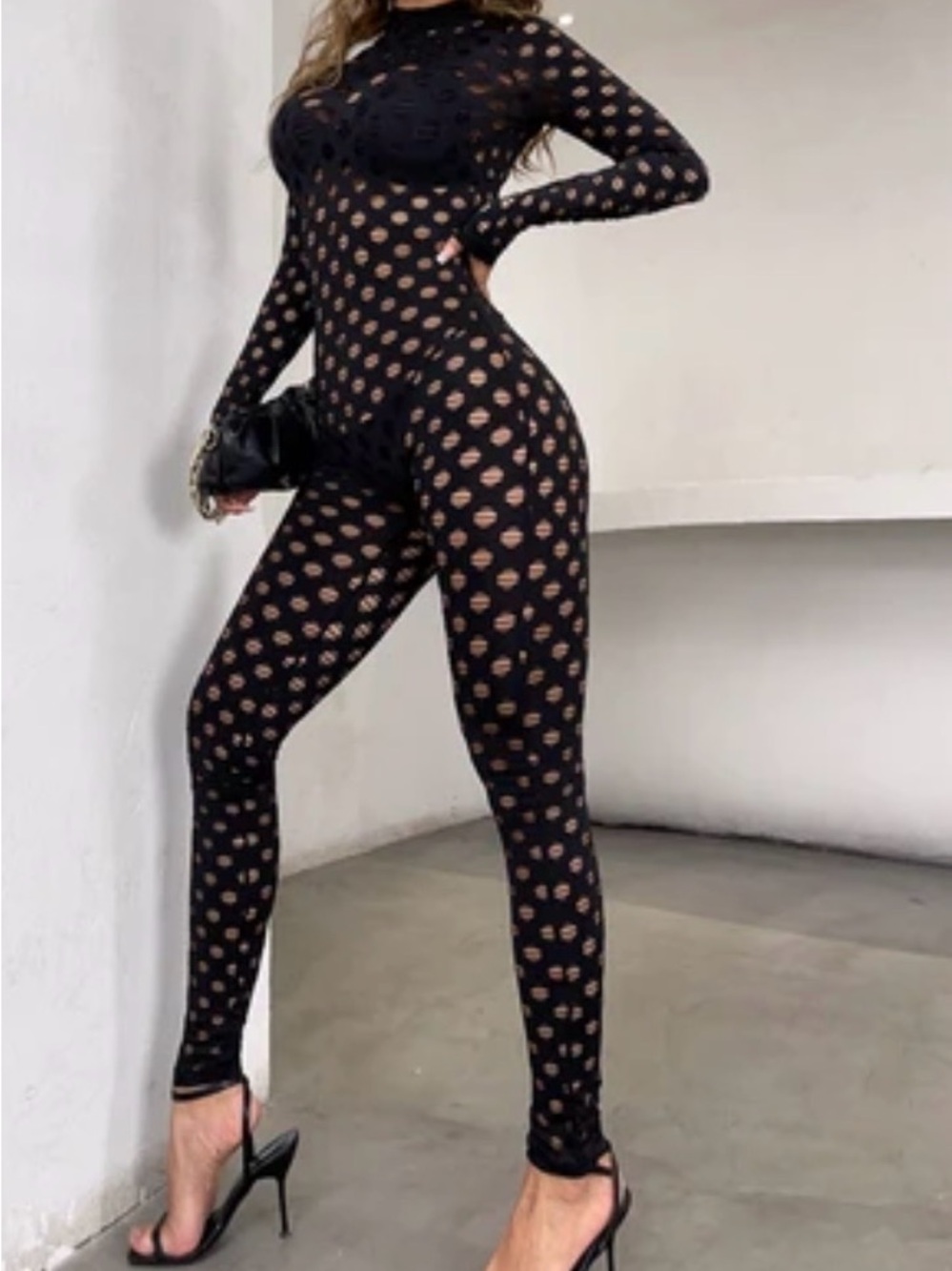 Black cutout Long-Sleeve Jumpsuit with Front Zip